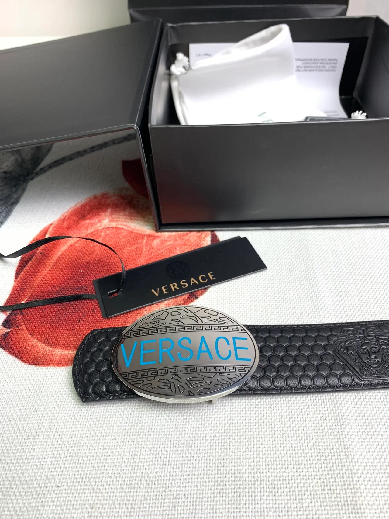 Versace Odissea Black Hexagonal Embossed Leather Belt 5