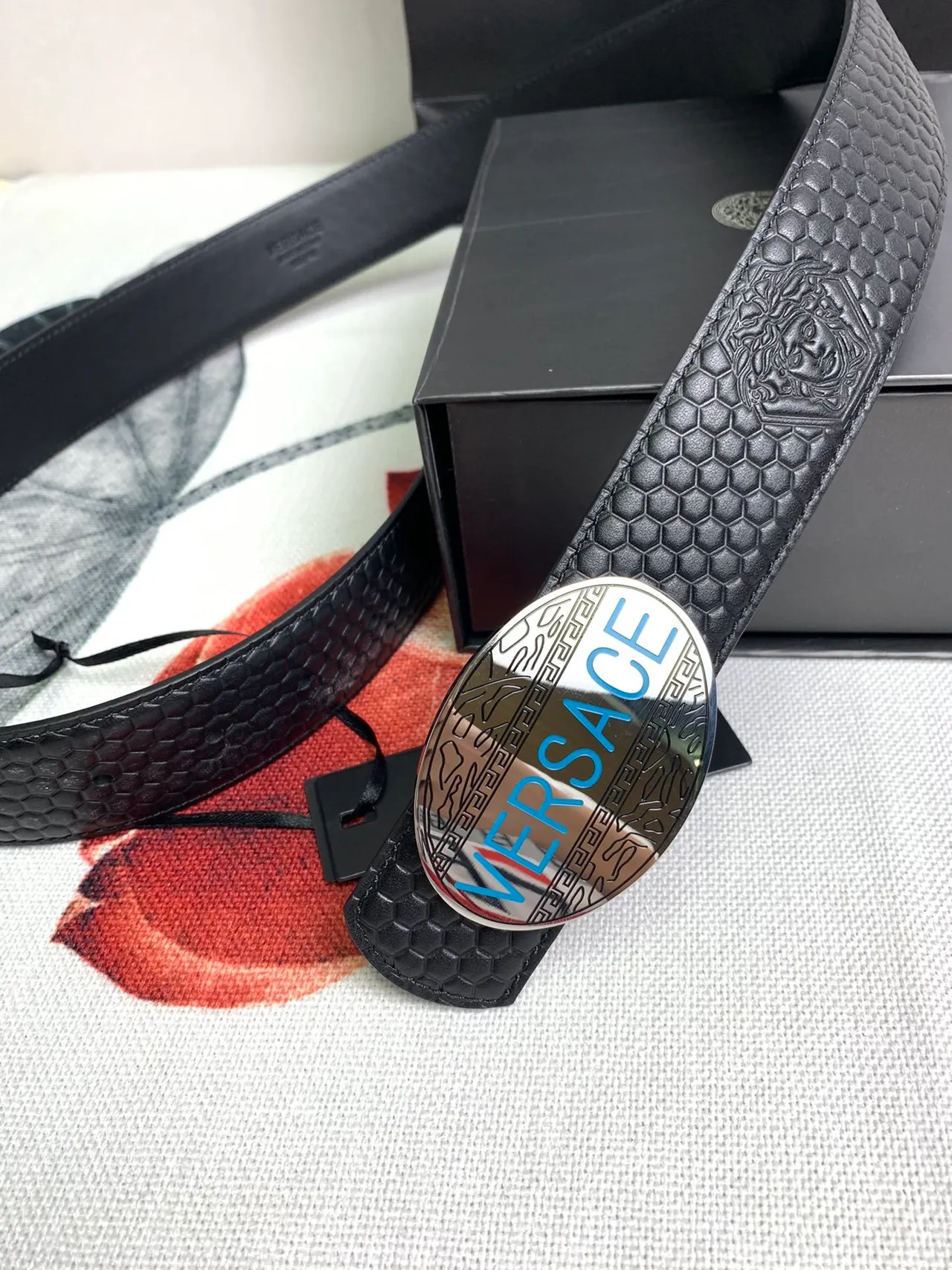 Versace Odissea Black Hexagonal Embossed Leather Belt 6