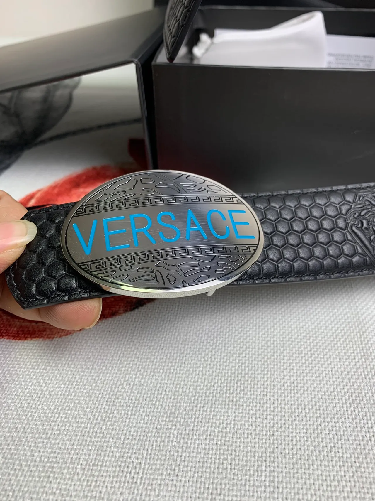 Versace Odissea Black Hexagonal Embossed Leather Belt 7