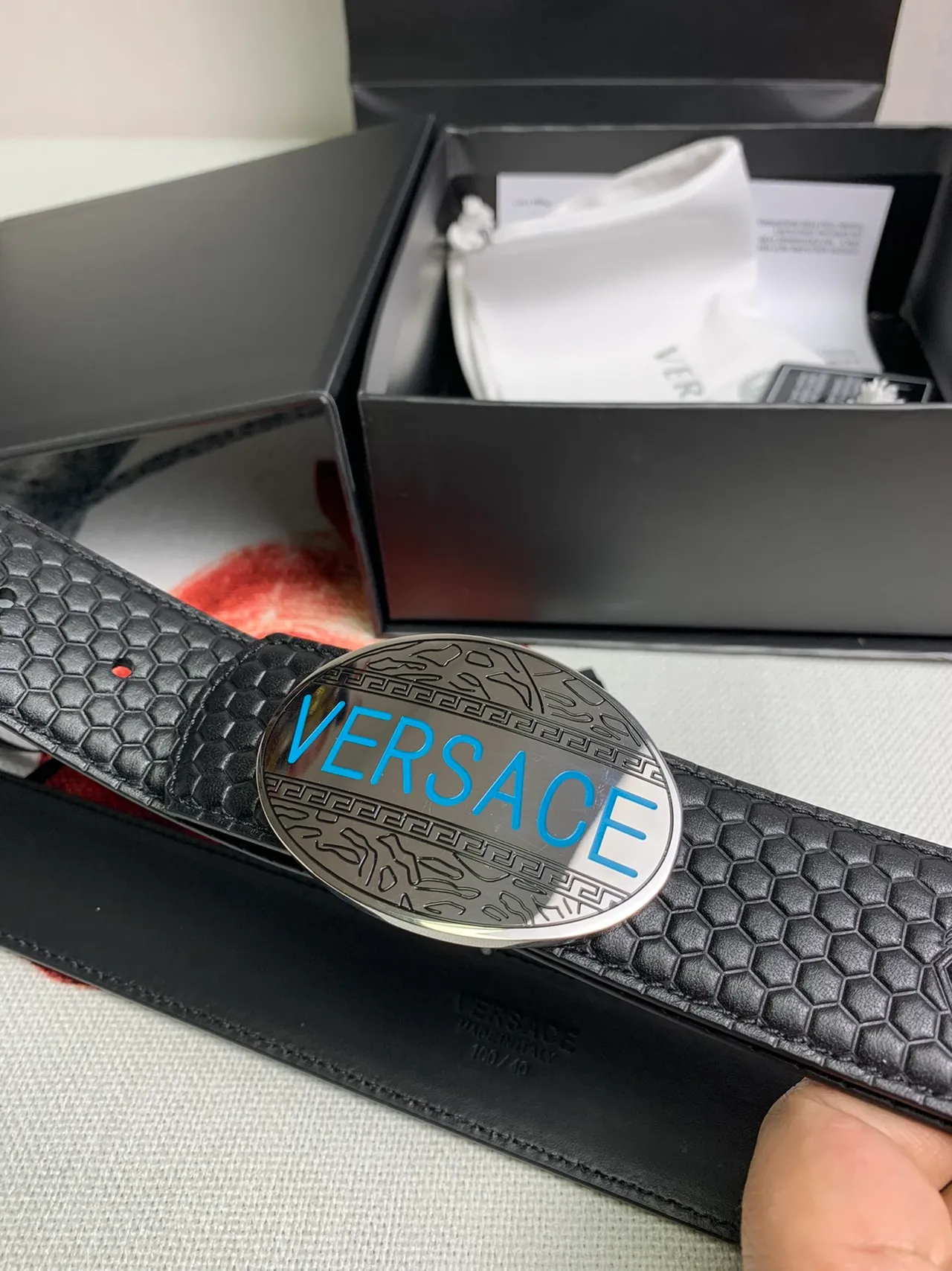 Versace Odissea Black Hexagonal Embossed Leather Belt 8