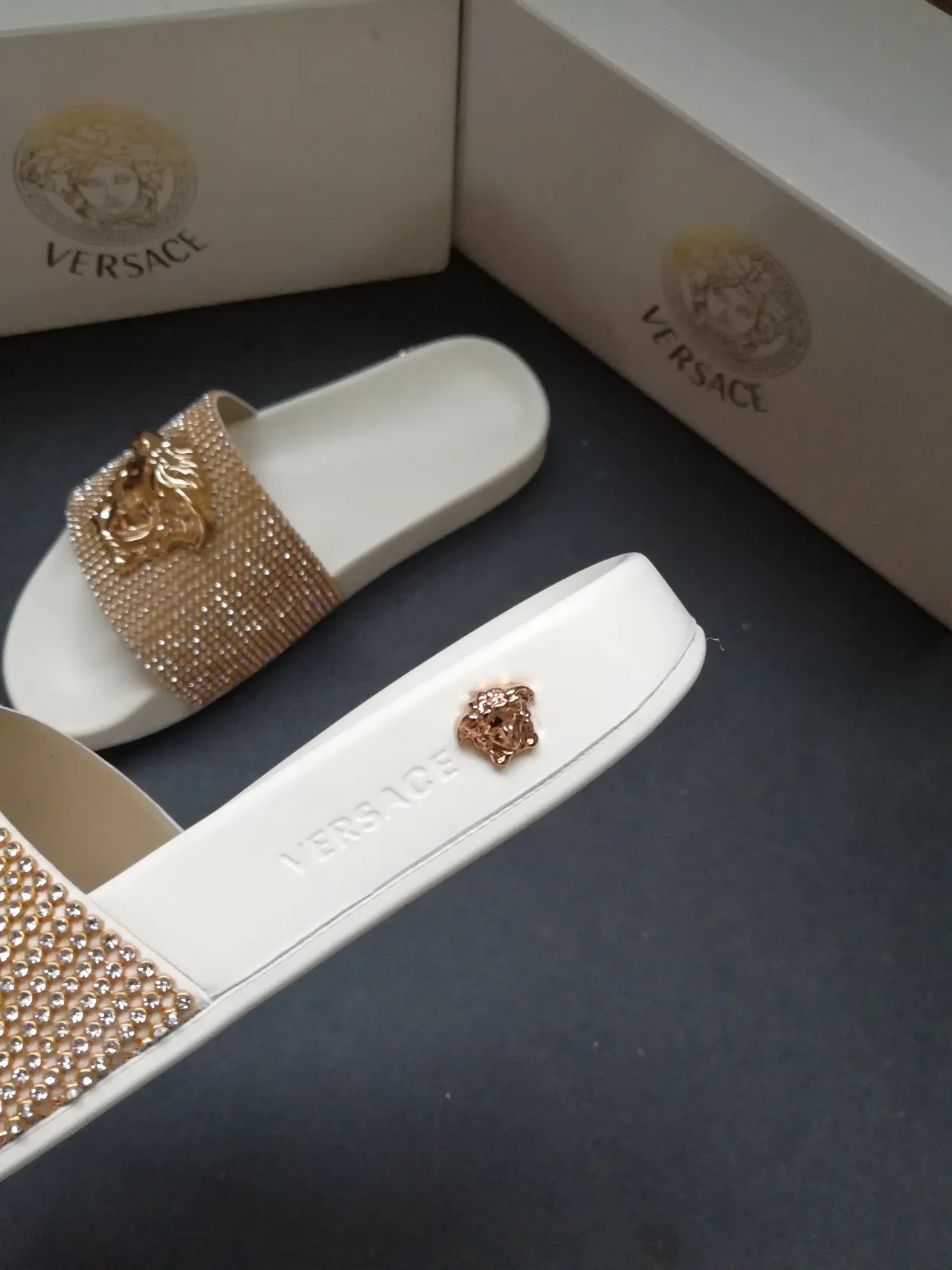 Versace Odissea Blanc Or Crystal-Pavé Sangle Medusa Head Chaussons 4