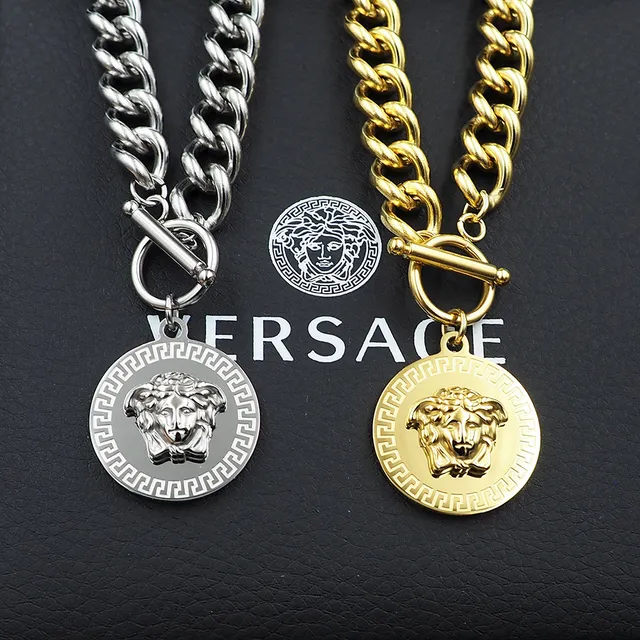 Versace Silver Gold Curb Chain Medusa Pendant Necklace 3