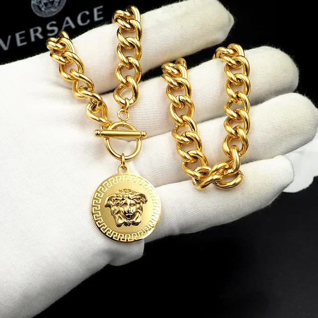 Versace Silver Gold Curb Chain Medusa Pendant Necklace 5