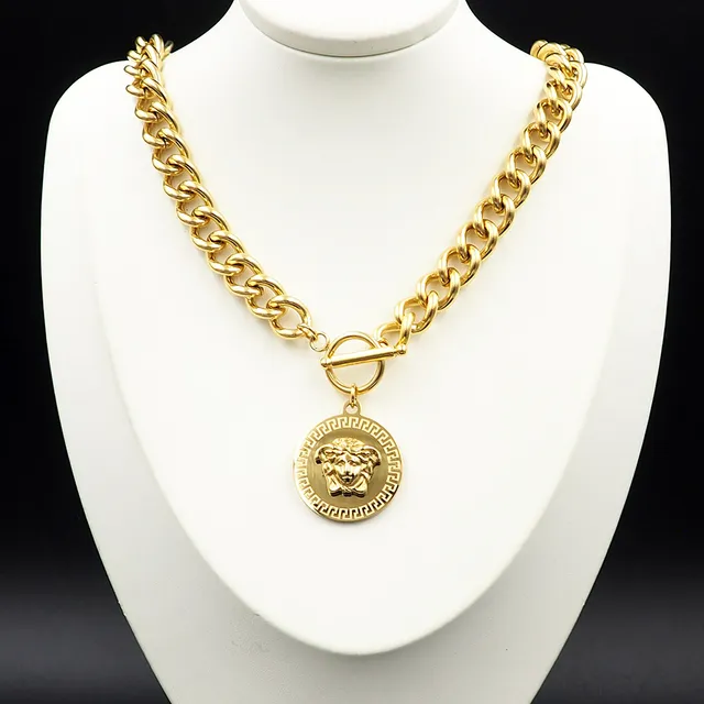 Versace Silver Gold Curb Chain Medusa Pendant Necklace 6