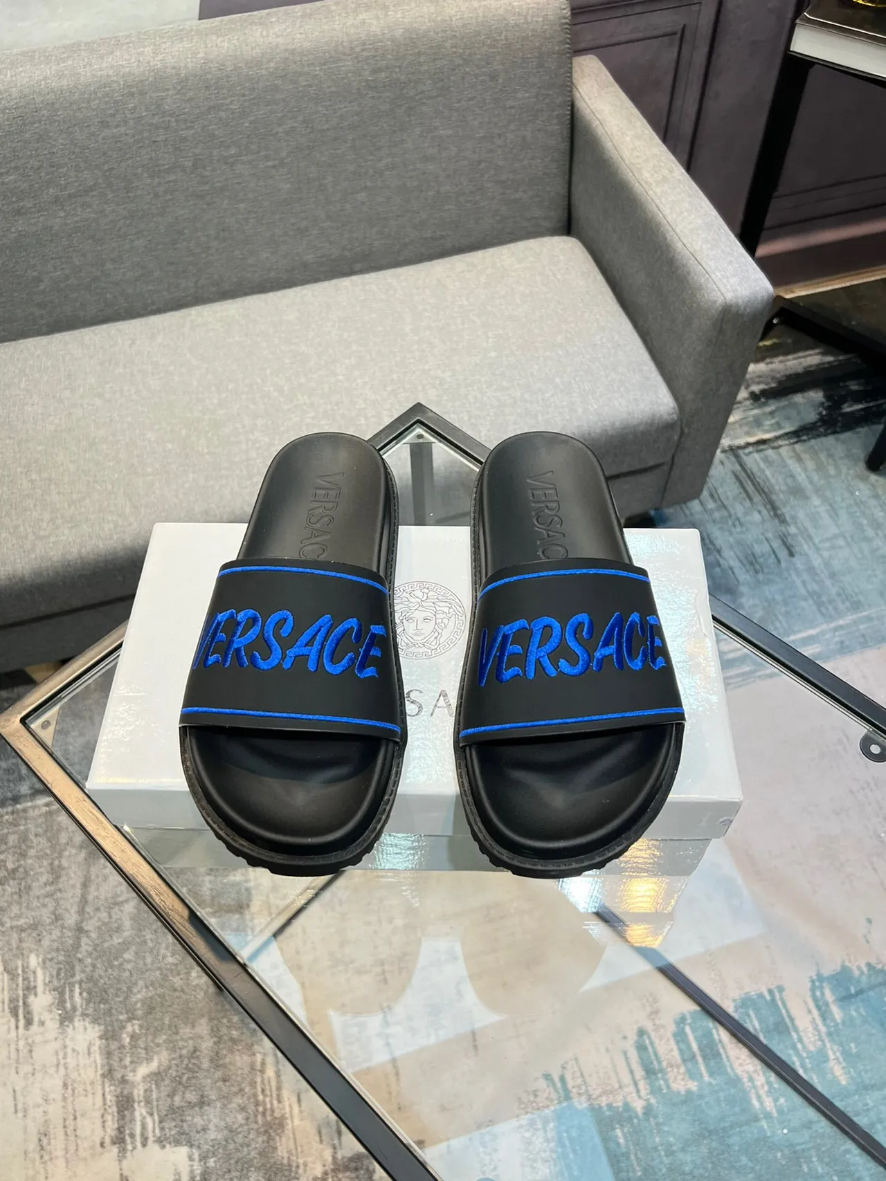 Versace Slide Noir Bleu Logo Brodé Contraste Piping Sandales 2