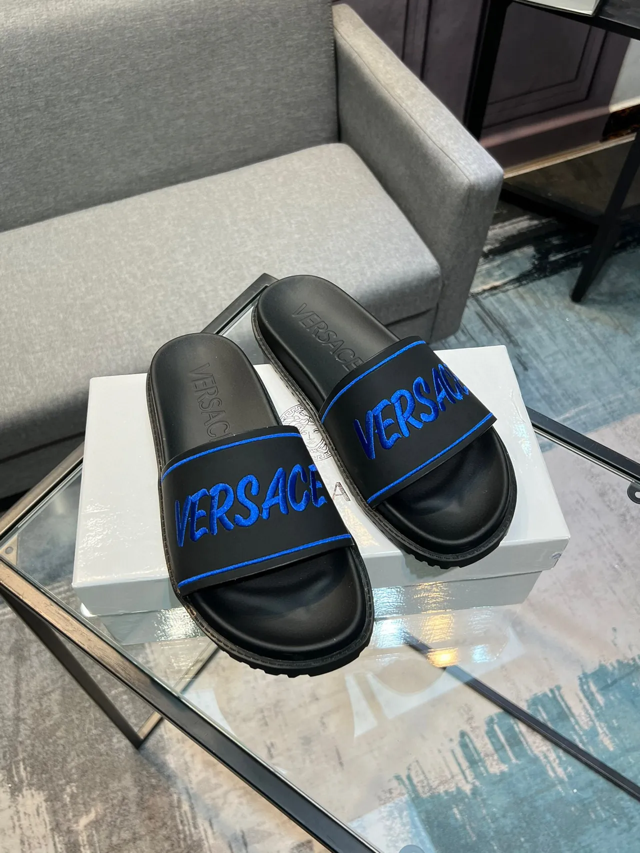 Versace Slide Noir Bleu Logo Brodé Contraste Piping Sandales 5