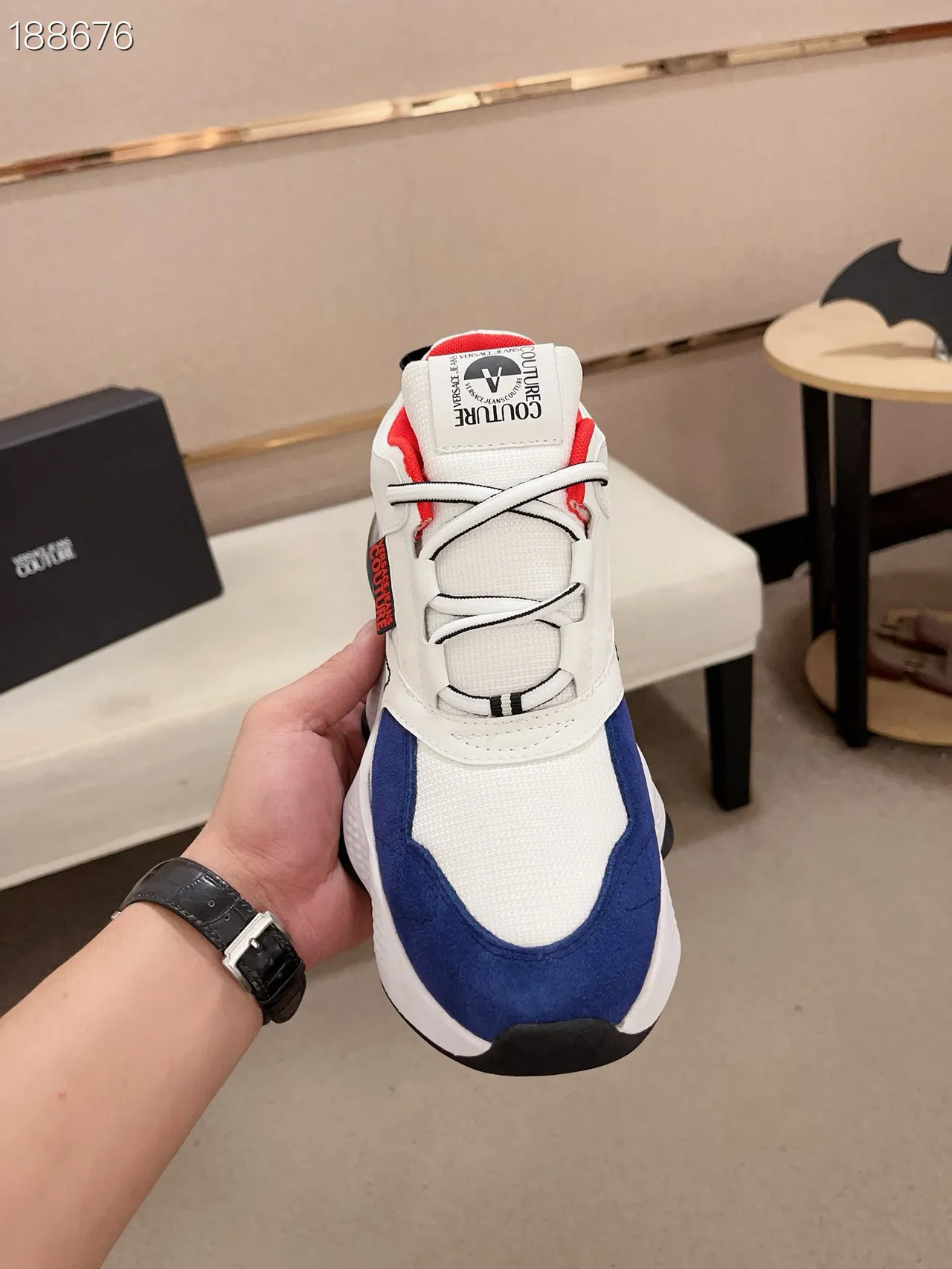 Versace White Navy Oversized Silhouette Mixed-Material Upper Chunky Sneakers 4