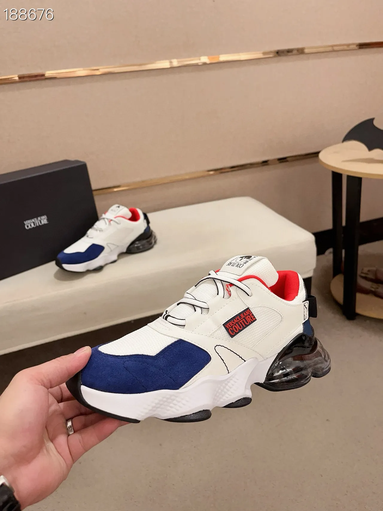 Versace White Navy Oversized Silhouette Mixed-Material Upper Chunky Sneakers 5