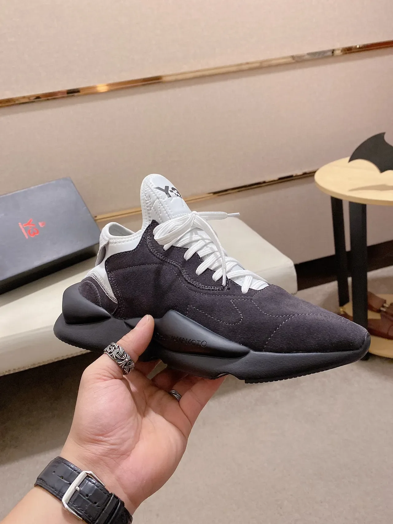 Y-3 Gray White Suede Upper Sculpted Monolithic Midsole Chunky Sneakers 6