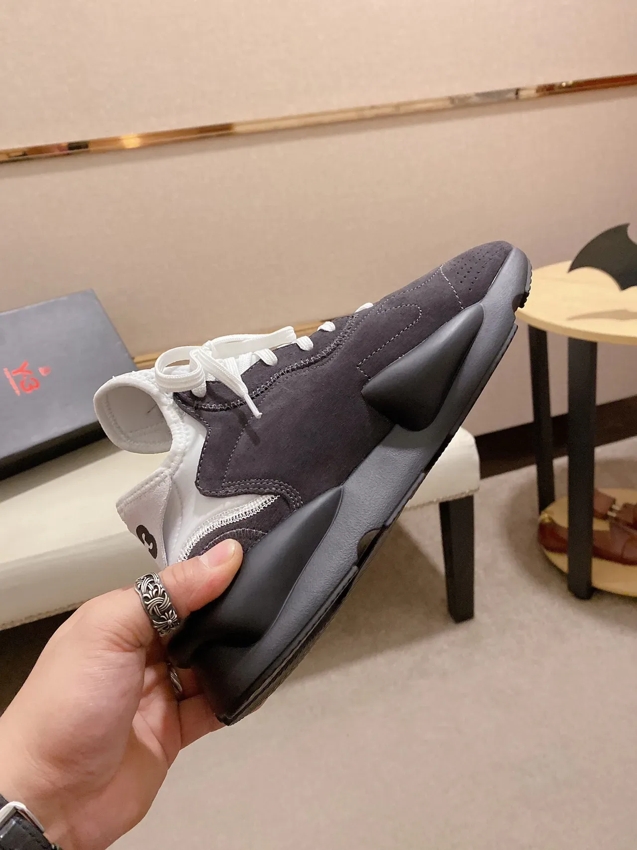 Y-3 Gray White Suede Upper Sculpted Monolithic Midsole Chunky Sneakers 7