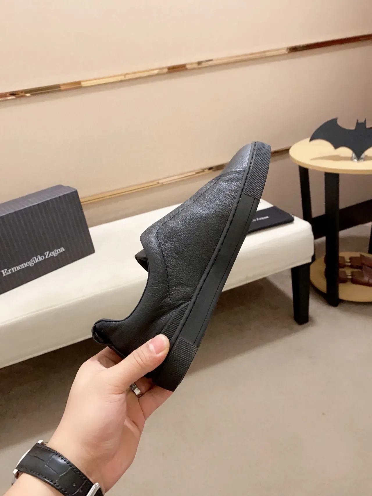 Zegna Preto Couro Pebbled Slip-On Lifestyle Sneaker 6
