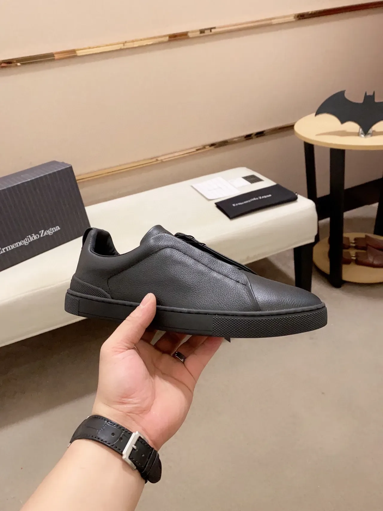 Zegna Preto Couro Pebbled Slip-On Lifestyle Sneaker 7
