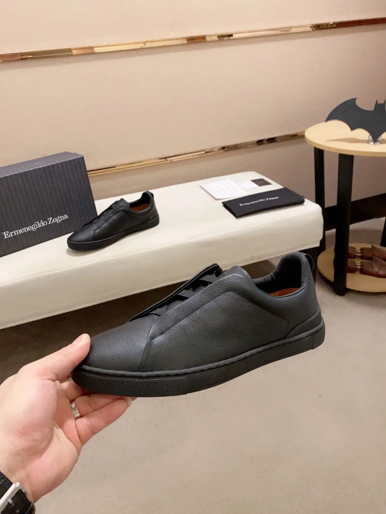 Zegna Preto Couro Pebbled Slip-On Lifestyle Sneaker 8