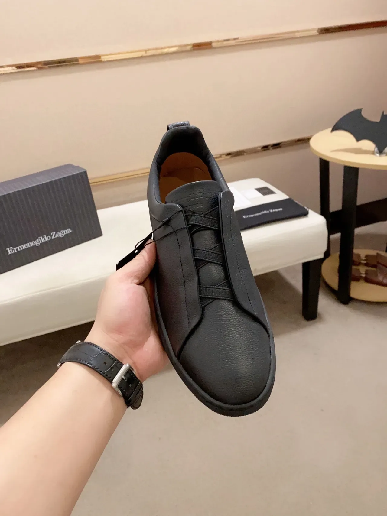 Zegna Preto Couro Pebbled Slip-On Lifestyle Sneaker 9