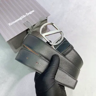 Zegna 黑色银色颗粒纹抛光 D-Buckle 皮革腰带