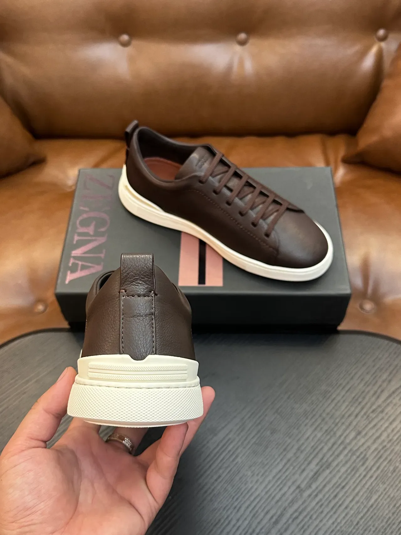 Zegna Brown Beige Leather Upper Minimalist Silhouette Sneakers 3