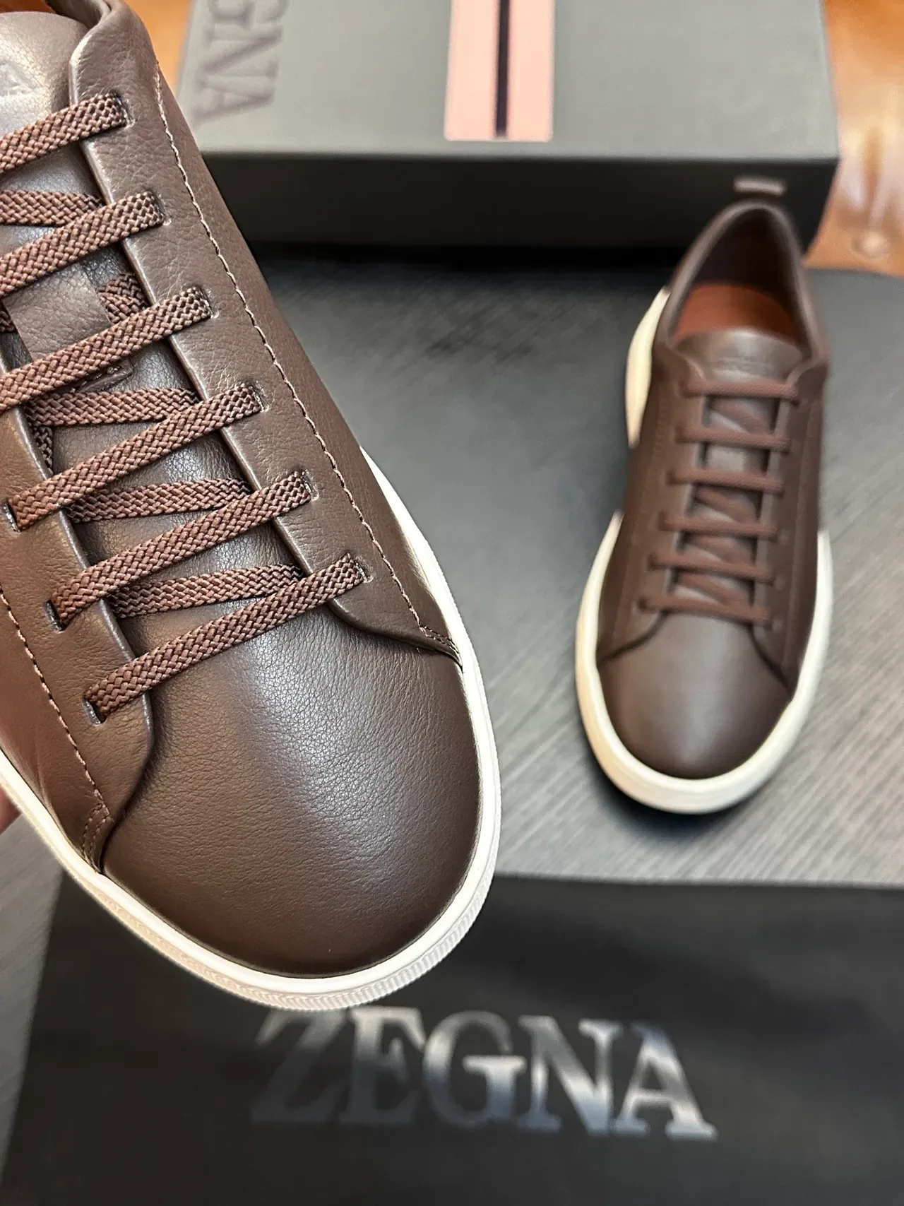 Zegna Brown Beige Leather Upper Minimalist Silhouette Sneakers 4