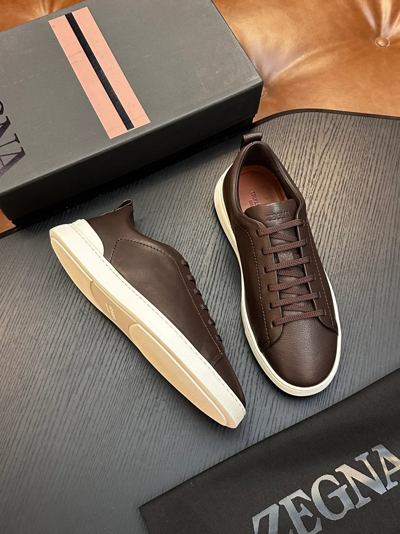 Zegna Brown Beige Leather Upper Minimalist Silhouette Sneakers 5