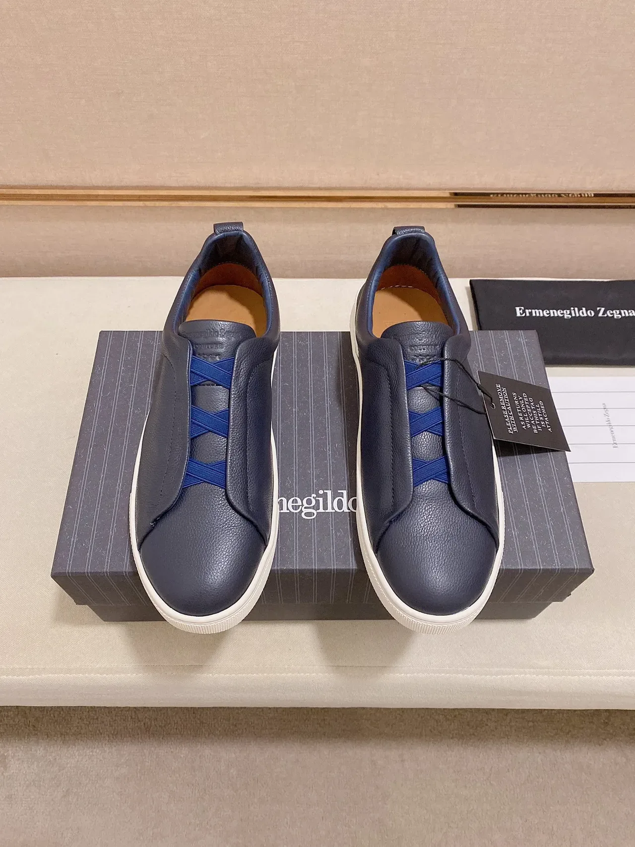 Zegna Navy Leather Slip-On Lifestyle Sneakers 4