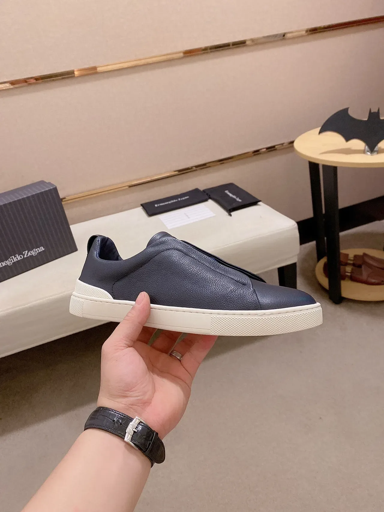 Zegna Navy Leather Slip-On Lifestyle Sneakers 6