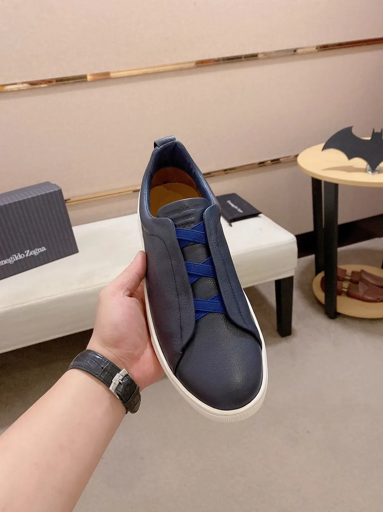 Zegna Navy Leather Slip-On Lifestyle Sneakers 8