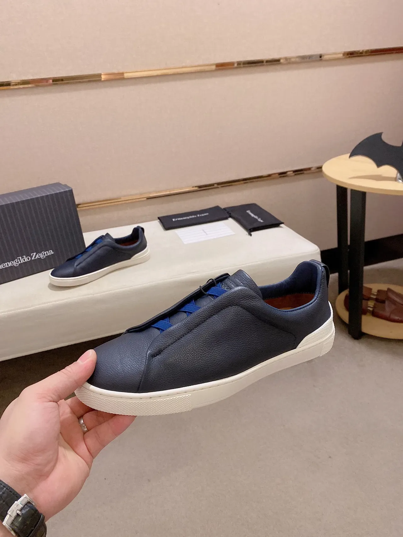 Zegna Navy Leather Slip-On Lifestyle Sneakers 9