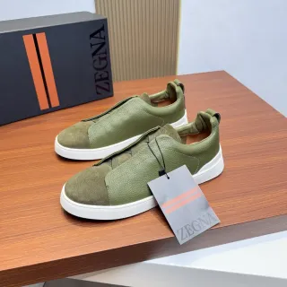 Zegna Olive Green Slip-On Leather and Suede Lifestyle Sneakers