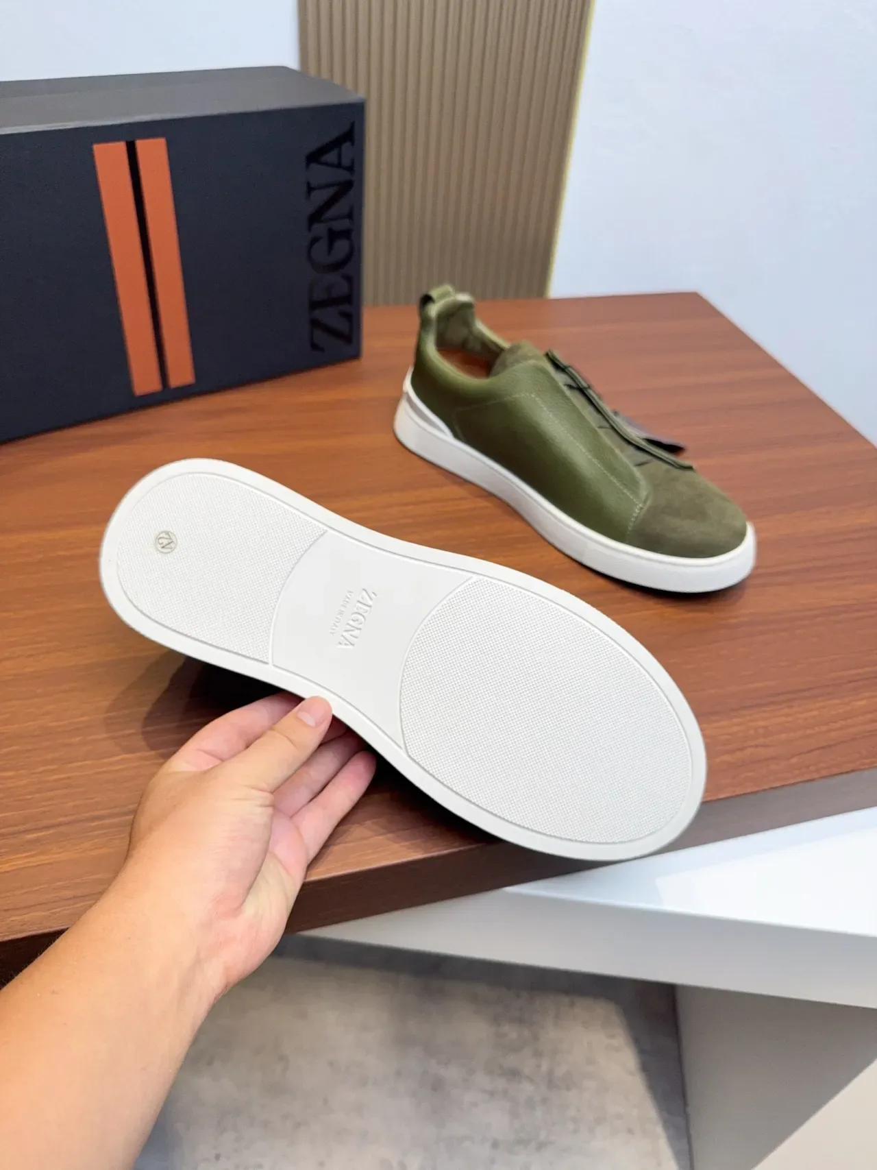 Zegna Olive Green Slip-On Leather and Suede Lifestyle Sneakers 2