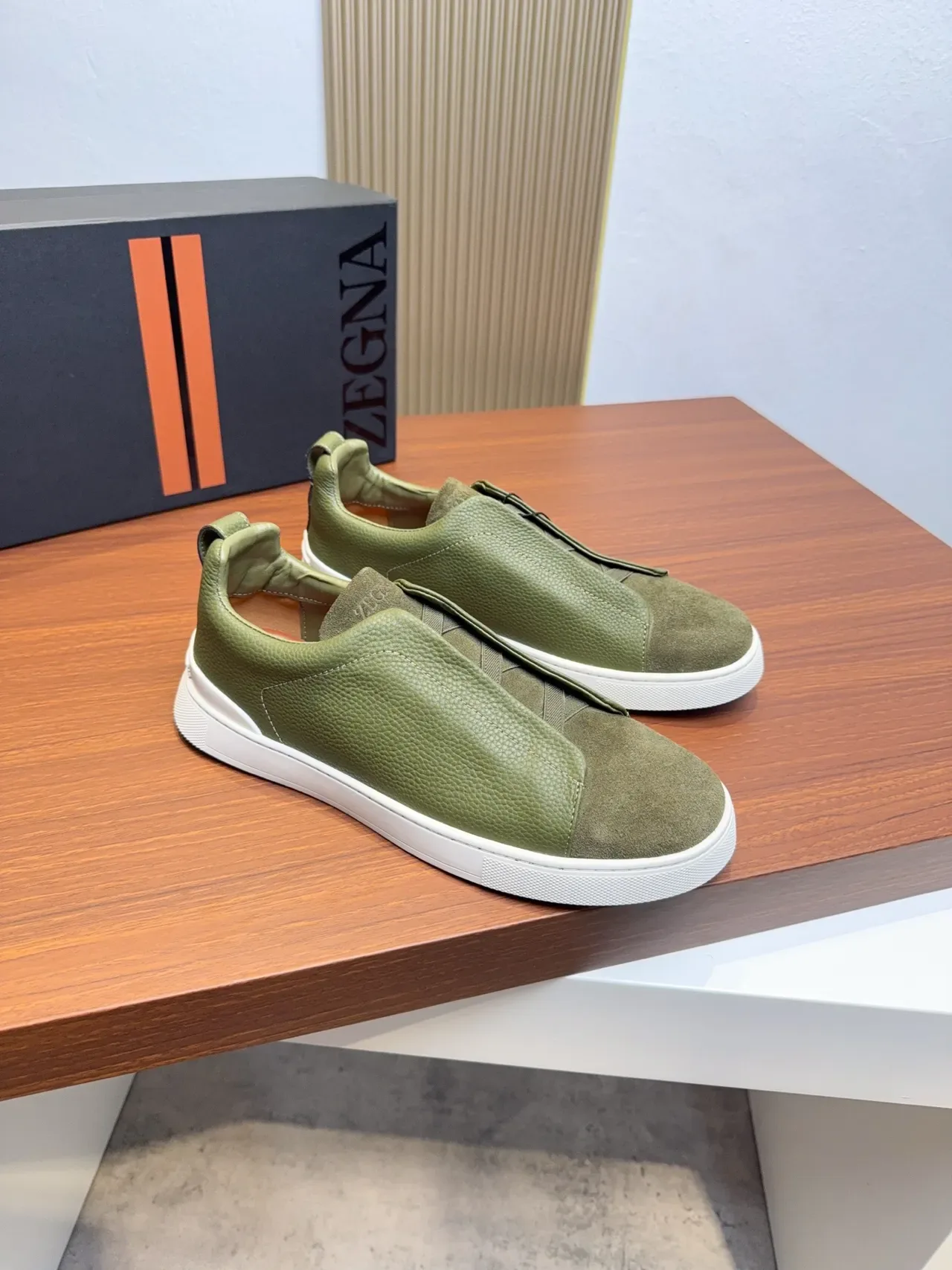 Zegna Olive Green Slip-On Leather and Suede Lifestyle Sneakers 4