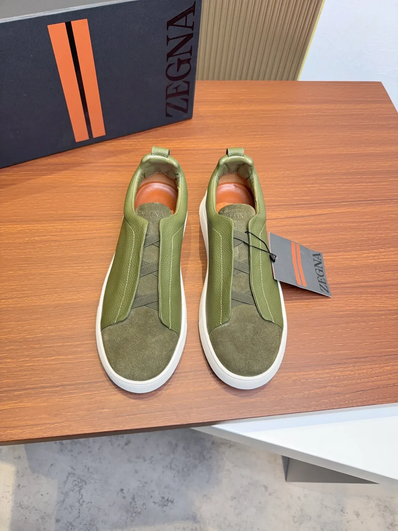 Zegna Olive Green Slip-On Leather and Suede Lifestyle Sneakers 5