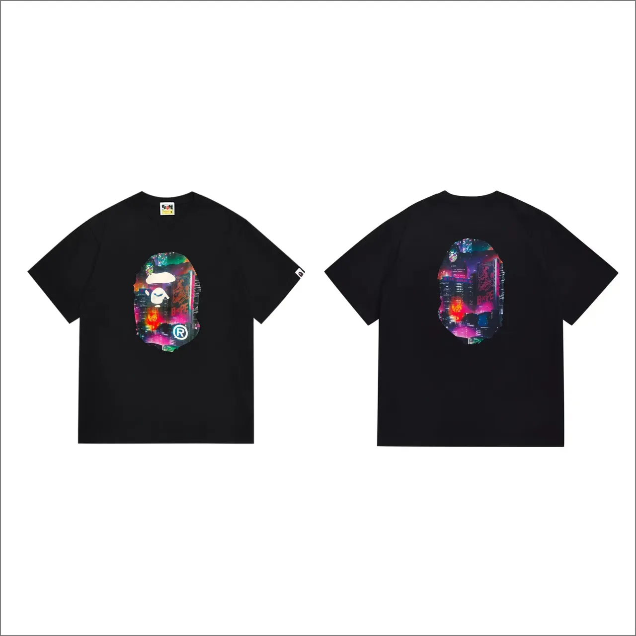 A Bathing Ape Graphic Print Ape Head Neon Cityscape T-Shirt 4