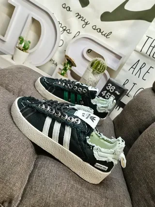 Adidas Army Green Black Distressed Frayed Textile Deconstructed Overlay Lifestyle Sneakers 17