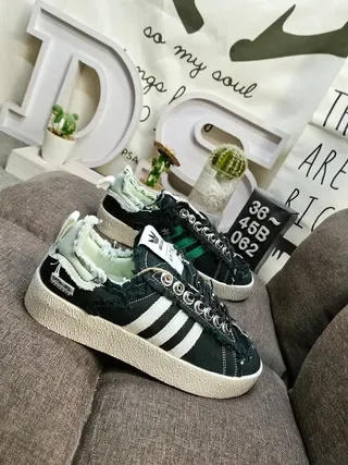 Adidas Army Green Black Distressed Frayed Textile Deconstructed Overlay Lifestyle Sneakers 19