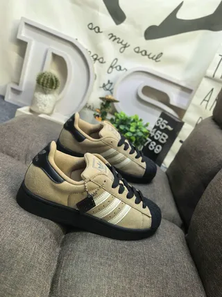 Adidas Beige Black Shell-Toe Suede Upper Lifestyle Sneakers 9