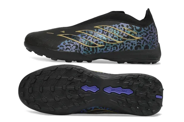 Adidas Tênis de Futebol Turf Preto Multicolor Impressão de Leopardo Upper Sintético Listras Metálicas Douradas 16