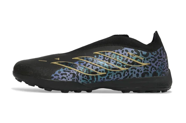 Adidas Tênis de Futebol Turf Preto Multicolor Impressão de Leopardo Upper Sintético Listras Metálicas Douradas 17