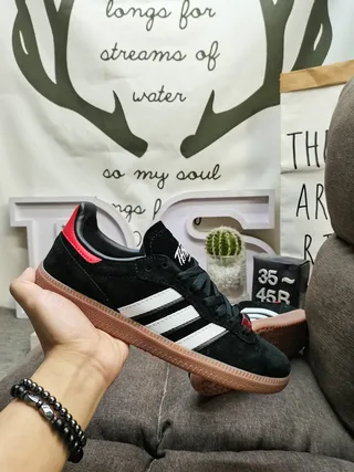 Adidas Black Red Suede Upper Three-Stripe Side Panel Lifestyle Sneakers 5