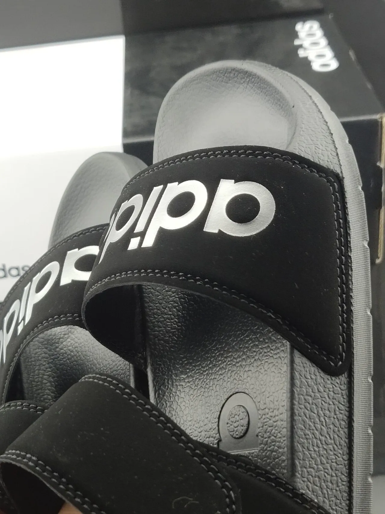 Adidas Black Silver Two-Strap Slide Molded Footbed Slippers 6