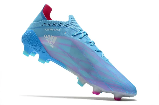 Adidas 蓝色粉色 透视针织鞋面 不对称系带 钉地足球鞋 2