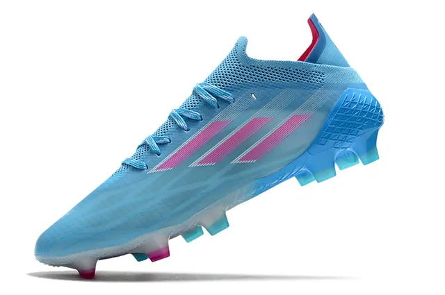 Adidas 蓝色粉色 透视针织鞋面 不对称系带 钉地足球鞋 3