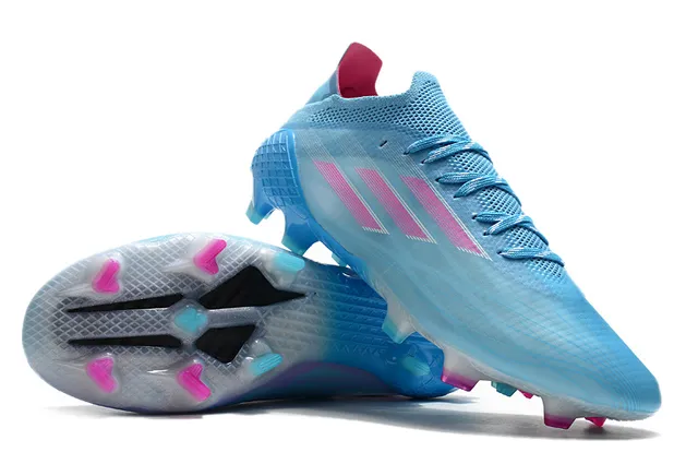 Adidas 蓝色粉色 透视针织鞋面 不对称系带 钉地足球鞋 4