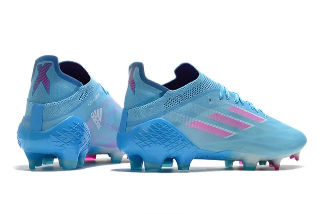 Adidas 蓝色粉色 透视针织鞋面 不对称系带 钉地足球鞋 5