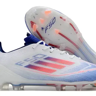 Adidas F50 सफेद नीली कम-कट नीट अपर ट्रांसलुसेंट सोल फर्म-ग्राउंड फुटबॉल जूते