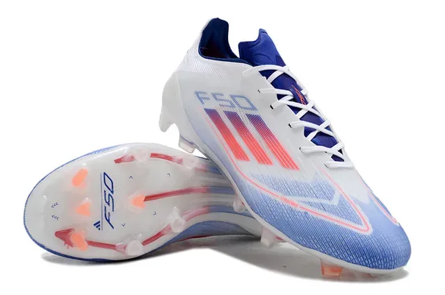 Adidas F50 Blanc Bleu Upper de Maille Basse Semelle Translucide Superficie Firme Chaussures de Football 4