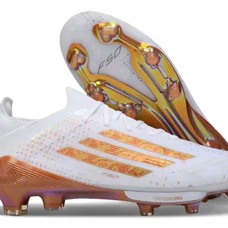Adidas F50 White Gold Low-Cut Knit Upper Iridescent Metallic Stripes Firm-Ground Soccer Shoes