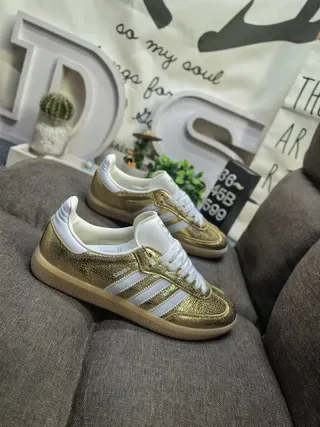 Adidas Gold White Metallic Upper Three Stripes Lifestyle Sneakers 9