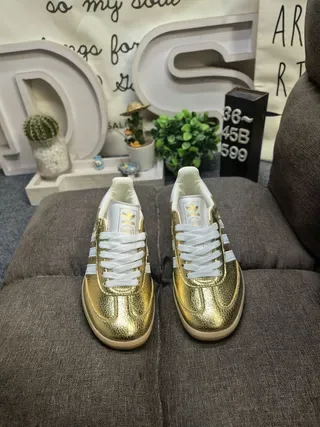 Adidas Gold White Metallic Upper Three Stripes Lifestyle Sneakers 10