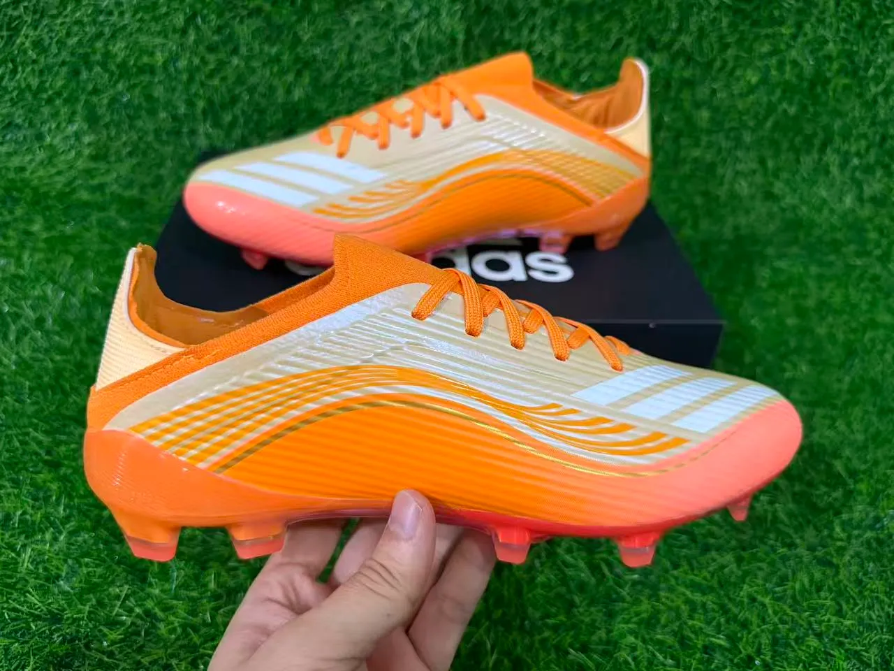 Adidas Orange Gold Iridescent Soleplate Wave-Patterned Synthetic Upper Firm-Ground Soccer Shoes 4