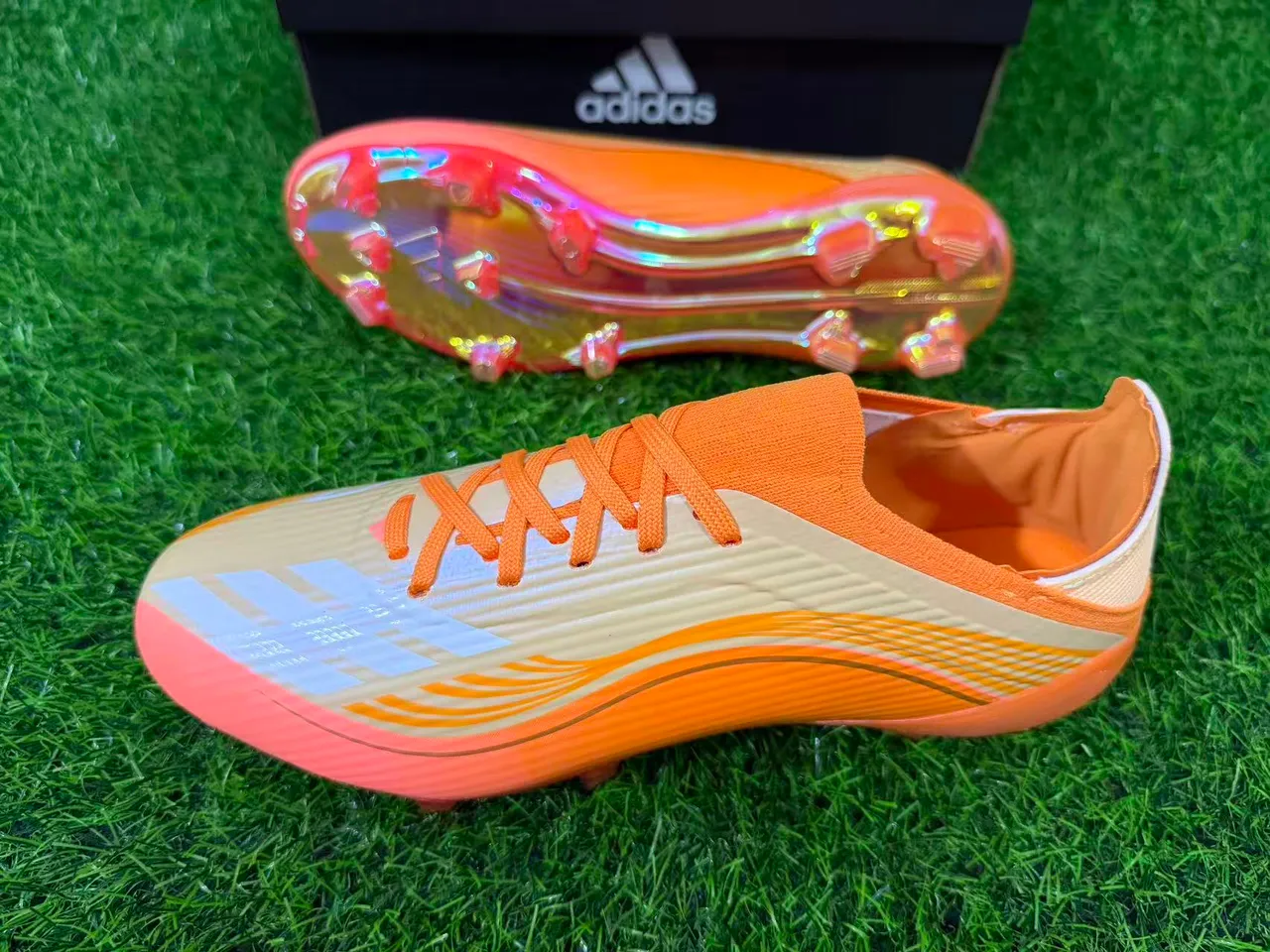 Adidas Orange Gold Iridescent Soleplate Wave-Patterned Synthetic Upper Firm-Ground Soccer Shoes 6