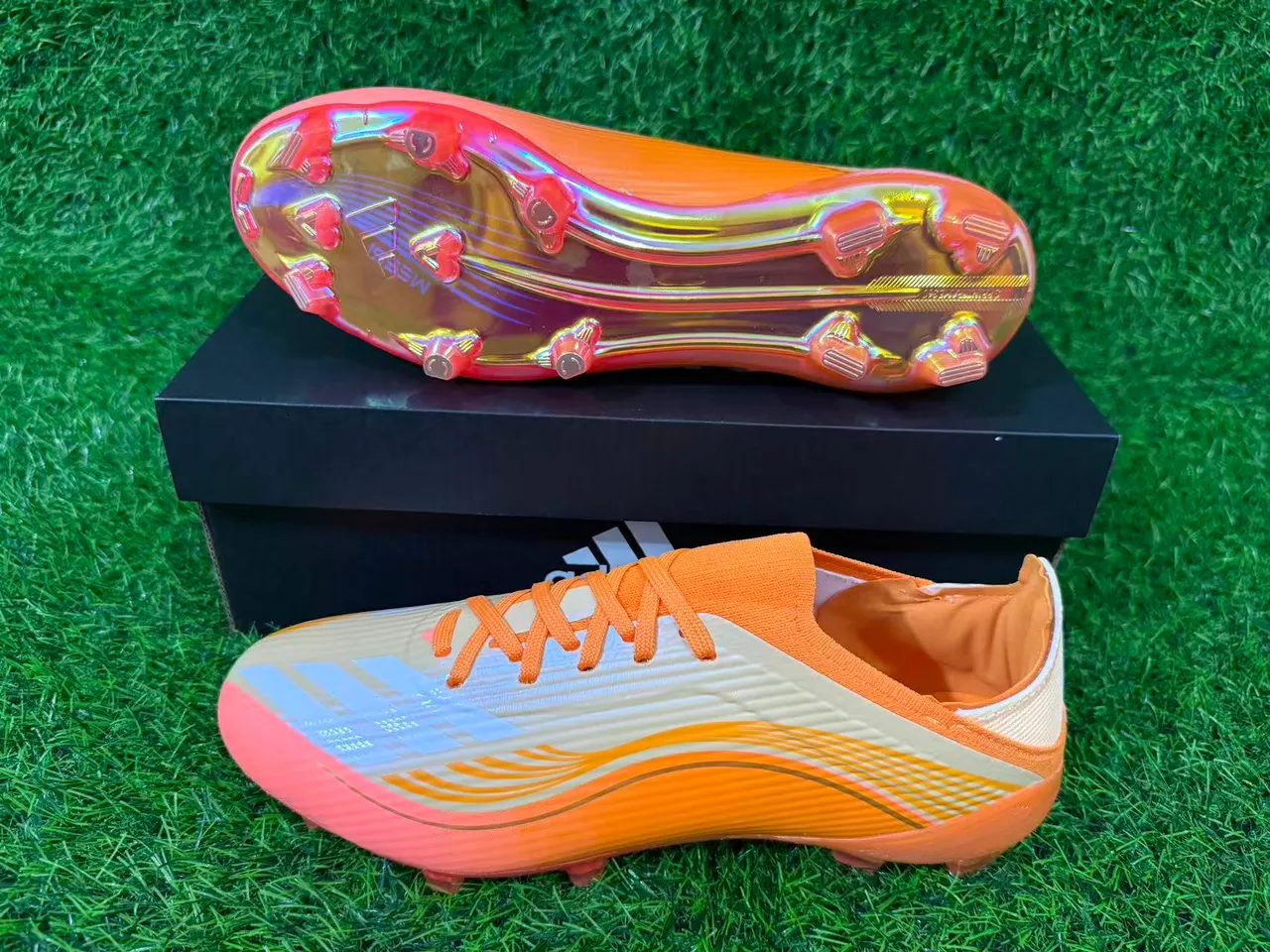 Adidas Orange Gold Iridescent Soleplate Wave-Patterned Synthetic Upper Firm-Ground Soccer Shoes 7